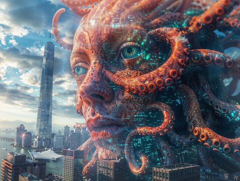 Futuristic Octopus-Human Hybrid Overlooking Modern Cityscape