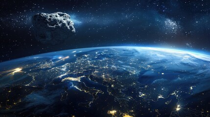 Fototapeta premium A dangerous asteroid is swiftly approaching Earth from the dark expanse of space The stunning view from space shows our planet illuminated at night with Europe Africa and Asia glowing below