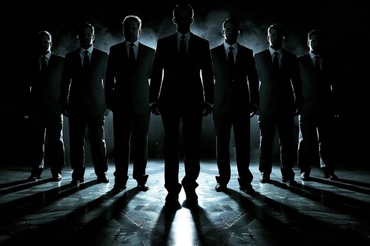 A group of men wearing dark suits stand in a dimly lit room with their shadows cast long on the ground