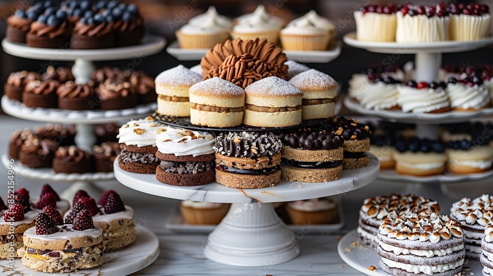 Wall mural A close-up view of a dessert display with various cakes, cookies, and pastries arranged on multiple tiers. The display features a variety of flavors and toppings