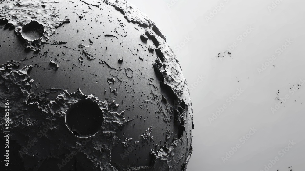 Wall mural a dynamic 3d rendering of a stylized monochromatic earth with circular black craters and a weathered