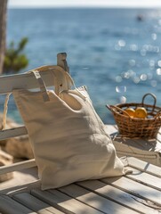 Tote Bag on White Wooden Chair in a Tranquil Outdoor Setting