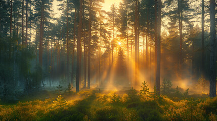 Obraz premium Sunbeams Shining Through Misty Forest at Sunrise