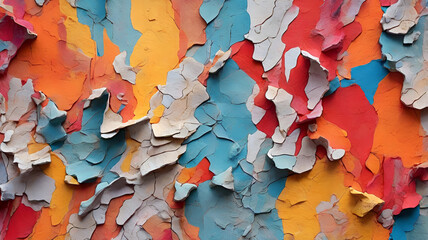 peeling paint on a colorful wall, with layers of different hues creating an abstract pattern that is both dynamic and visually captivating