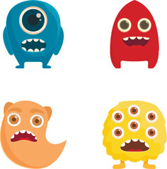 Collection of four cute and colorful cartoon monster characters isolated on white