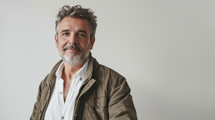 Fototapeta premium Portrait of a handsome middle-aged man in a jacket and white shirt on a white background