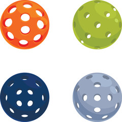 Four pickleball balls in orange, green, blue, and grey, suitable for sport designs
