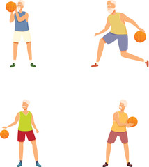 Energetic senior man playing basketball on a court, dribbling the ball and displaying athleticism in a dynamic and engaging illustration of healthy and active elderly lifestyle