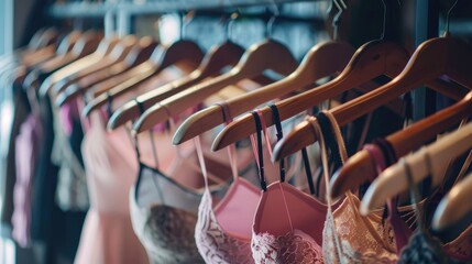 Assortment of bras on hanger in lingerie store Clothing Intimate wear Promotion of stylish bras in store Trendy retail fashion idea