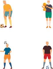Cartoon illustrations of elderly men playing soccer and holding a trophy, expressing joy and activity