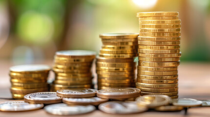Stacks of golden coins of varying heights are arranged on a wooden surface, with a blurred, sunlit background, symbolizing wealth, savings, and financial growth