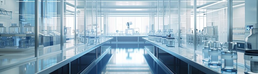 Modern, clean laboratory with glass walls, stainless steel equipment, and bright lighting, ideal for scientific research and medical experiments.