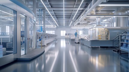 Modern, bright, and clean industrial laboratory with advanced machinery and equipment for scientific research and development.