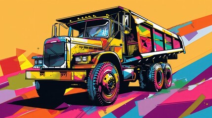 Naklejka premium Vibrant pop art illustration of a dump truck against a colorful geometric background, showcasing industrial strength with artistic flair.