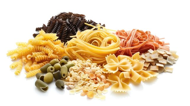Tasty assorted pasta on a white background