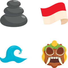 Colorful collection of spa stones, a beach flag, a blue wave, and a tiki mask