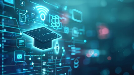 Digital education concept with icons of computer, graduation cap and school board on blurred background. Digital learning online system for distance education or futuristic new AI technology 