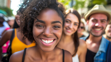 Fototapeta premium A group of friends smiling and enjoying a lively outdoor gathering, with the focus on a joyful woman in the foreground