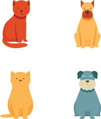 Collection of four adorable cartoon animals, including cats and dogs, in a minimalistic style