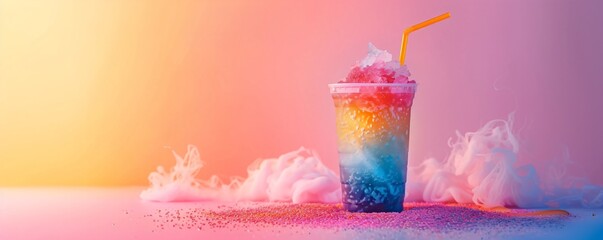 Colorful slushie drink in plastic cup on gradient pink background with copy space. Multicolored frozen juice cocktail Slush. Summer tropical crushed ice beverage. Take away food. Closeup