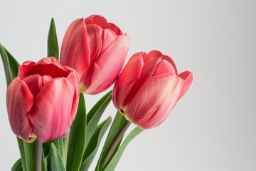 Fototapeta premium three Greigii Group Tulips in studio, white copy space on right side, Comport, bliss, close up, Studio Lighting, Flower Photography, Isolated on white Background