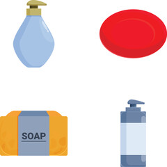 Vector illustration of soap dispenser, bar soap, and bath products in a clean, modern style