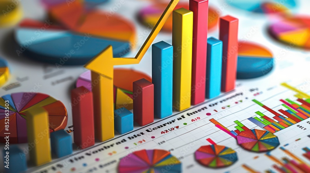 Poster development graphs: surround the arrow with various types of graphs and charts showing upward trends