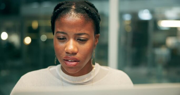 Confused, black woman and doubt with laptop in office for investment, mistake and phishing email. Night, investor and trader with tech at work for financial report, online fraud and digital scam