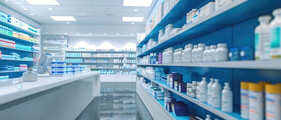 Pharmacy Background. Pharmacy blurred light tone with store drugs shelves interior background. Pharmacy medicine shelf in a row blurred background