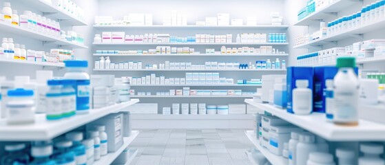 Pharmacy Background. Pharmacy blurred light tone with store drugs shelves interior background. Pharmacy medicine shelf in a row blurred background