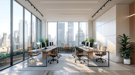 a contemporary office space with large windows offering a city view. It’s furnished with desks, computers, and chairs, featuring a minimalist design and neutral colors