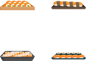 Colorful flat design vector of various sushi rolls on wooden planks and a serving tray