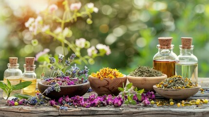Botanical blends, herbs, essencial oils for naturopathy. Natural remedy, herbal medicine, blends for bath and tea on wooden table background