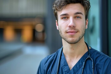 Obraz premium Portrait of a young male doctor with stethoscope in hospital corridor