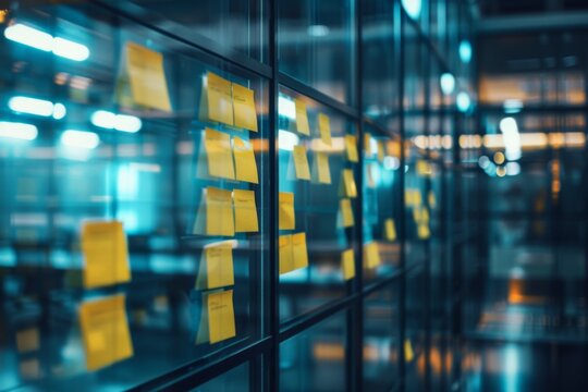 Colorful sticky notes on glass wall in modern office workspace