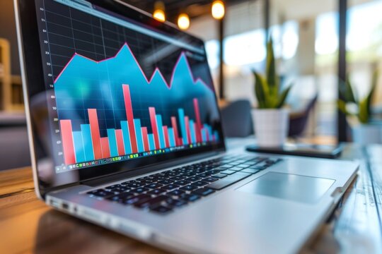 Laptop screen with a upwards growing graph