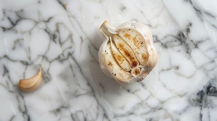 Obraz premium Top view of a garlic clove grilled on a marble plate surface