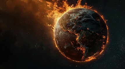 Earth discusses fire on black background, concept of future global warming.