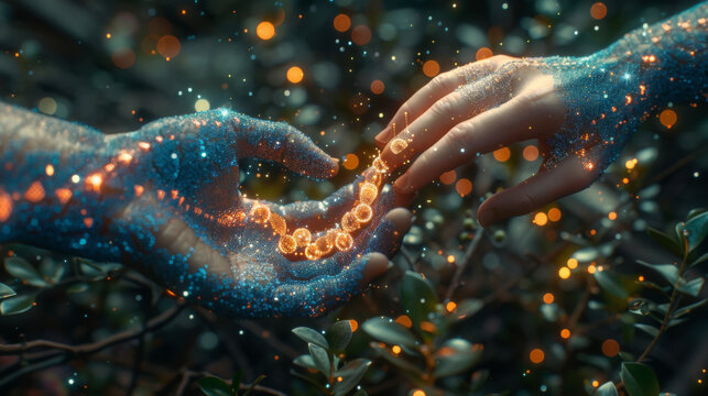 Hands of robot and human touching on DNA connecting in virtual interface on future, Science and innovation, Artificial intelligence technology concept