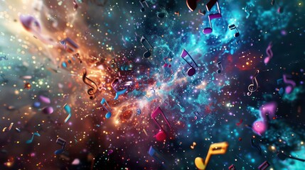 Celebration of music captured through a colorful explosion of musical notes in an abstract cosmic...