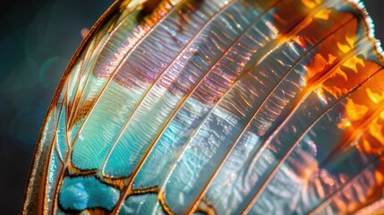 Photograph of a close-up of a butterfly's wings showcasing iridescent half-tone scales and a transparent background.