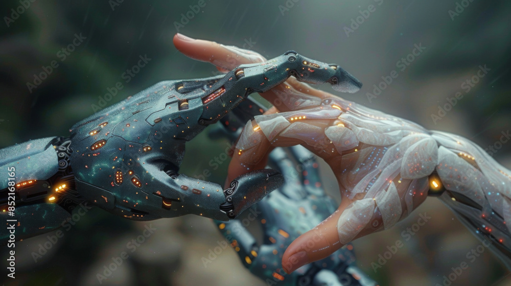 Wall mural hands of robot and human touching on dna connecting in virtual interface on future, science and inno