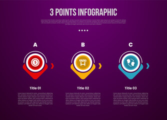 3 points or step process infographic with creative circle outline and arrow bottom direction with modern dark style for slide presentation