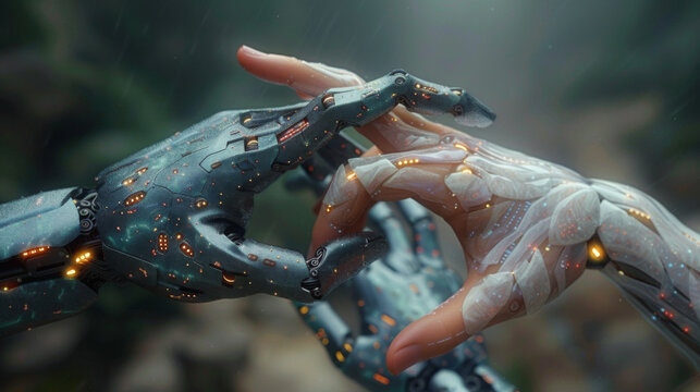 Hands of robot and human touching on DNA connecting in virtual interface on future, Science and innovation, Artificial intelligence technology concept