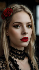 portrait of a Woman with Gothic Elegance: Blonde Enigma with Crimson Rose