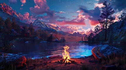 Campfire in the Wild. A vivid depiction of a campfire set in a remote wilderness setting, evoking a sense of adventure and connection with nature.