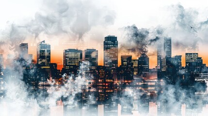 Fototapeta premium Photograph of a smoke frame encasing a vibrant cityscape, highlighting the urban pulse and energy, on a transparent background.