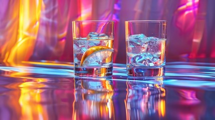 Sparkling Drinks with a Touch of Lemon in a Neon Light