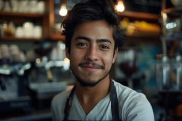 Fototapeta premium Portrait of a young male barista in a cafe
