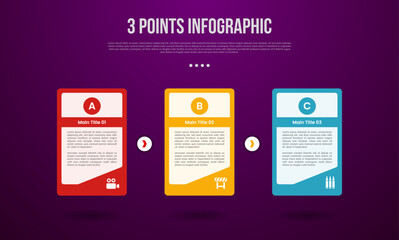 3 points or step process infographic with big table box with creative accessories on right bottom with modern dark style for slide presentation
